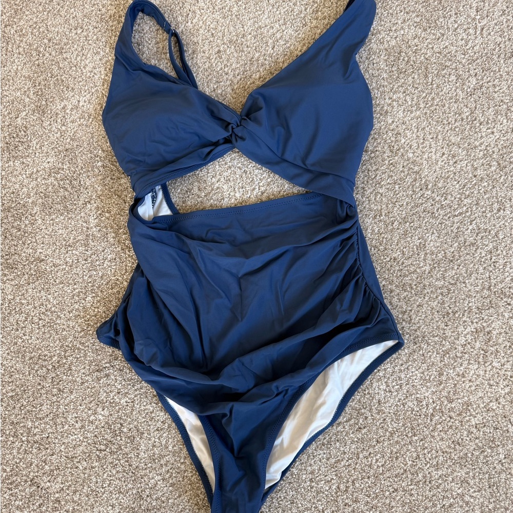 Navy Blue Ruched Sides Front Cutout Maternity One Piece Swimsuit